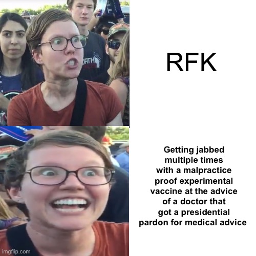 Follow the hidden side effects, malpractice protected science | RFK; Getting jabbed multiple times with a malpractice proof experimental vaccine at the advice of a doctor that got a presidential pardon for medical advice | image tagged in memes,drake hotline bling,politics lol | made w/ Imgflip meme maker