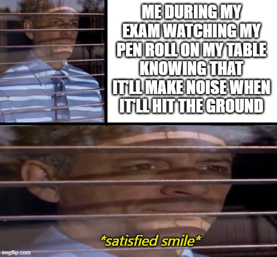 mmm delicious | ME DURING MY EXAM WATCHING MY PEN ROLL ON MY TABLE KNOWING THAT IT'LL MAKE NOISE WHEN IT'LL HIT THE GROUND; *satisfied smile* | image tagged in breaking bad stare | made w/ Imgflip meme maker