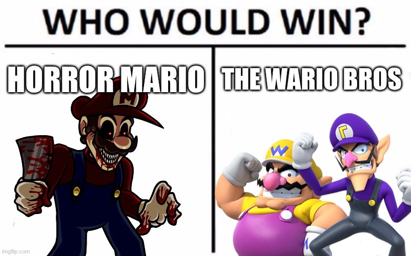 Who wins?.mp3 | HORROR MARIO; THE WARIO BROS | image tagged in who would win,wario,waluigi | made w/ Imgflip meme maker