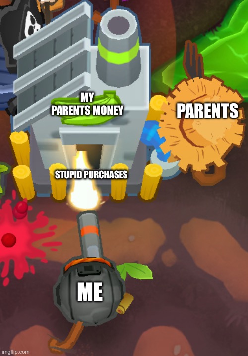 Sniper monkey shooting a banana farm | MY PARENTS MONEY; PARENTS; STUPID PURCHASES; ME | image tagged in sniper monkey shooting a banana farm | made w/ Imgflip meme maker