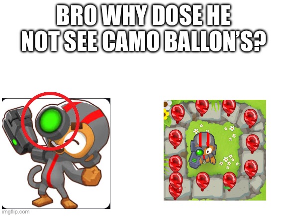 BTD6 logic | BRO WHY DOSE HE NOT SEE CAMO BALLON’S? | image tagged in blank white template | made w/ Imgflip meme maker