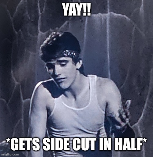 Rusty James being weird | YAY!! *GETS SIDE CUT IN HALF* | image tagged in rusty james being weird | made w/ Imgflip meme maker