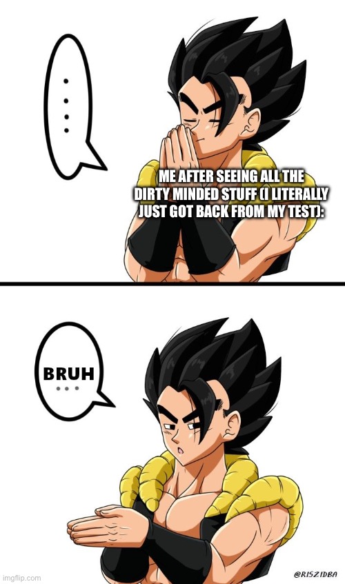 My first reaction was: “WHAT THE HECK?” | ME AFTER SEEING ALL THE DIRTY MINDED STUFF (I LITERALLY JUST GOT BACK FROM MY TEST): | image tagged in gogeta inhale bruh | made w/ Imgflip meme maker
