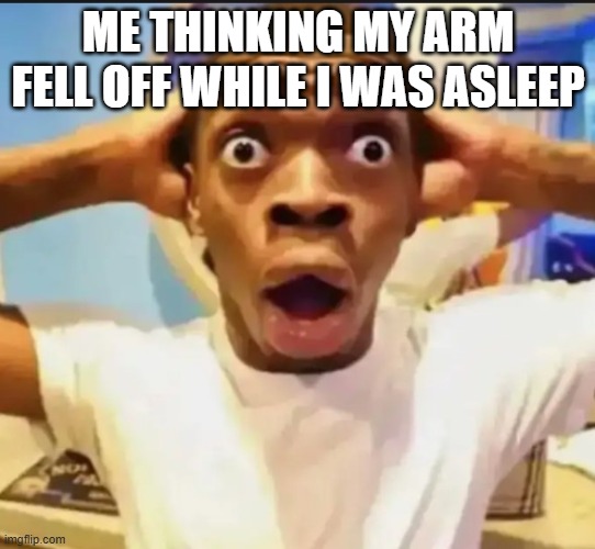 Surprised Black Guy | ME THINKING MY ARM FELL OFF WHILE I WAS ASLEEP | image tagged in surprised black guy | made w/ Imgflip meme maker