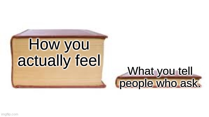 Big book small book | How you actually feel; What you tell people who ask. | image tagged in big book small book | made w/ Imgflip meme maker