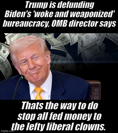 Trump is defunding Biden's 'woke and weaponized' bureaucracy, OMB director says; Thats the way to do stop all fed money to the lefty liberal clowns. | made w/ Imgflip meme maker