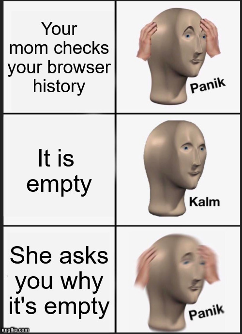 Panik Kalm Panik | Your mom checks your browser
history; It is 
empty; She asks you why it's empty | image tagged in memes,panik kalm panik,browser history,mom | made w/ Imgflip meme maker
