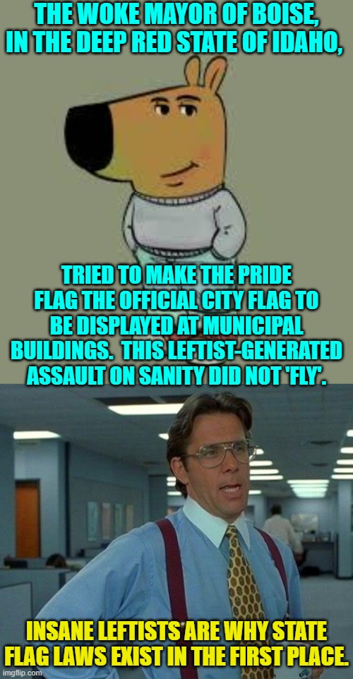 Wrong state and wrong municipality leftists. | THE WOKE MAYOR OF BOISE, IN THE DEEP RED STATE OF IDAHO, TRIED TO MAKE THE PRIDE FLAG THE OFFICIAL CITY FLAG TO BE DISPLAYED AT MUNICIPAL BUILDINGS.  THIS LEFTIST-GENERATED ASSAULT ON SANITY DID NOT 'FLY'. INSANE LEFTISTS ARE WHY STATE FLAG LAWS EXIST IN THE FIRST PLACE. | image tagged in low key just a chill guy | made w/ Imgflip meme maker