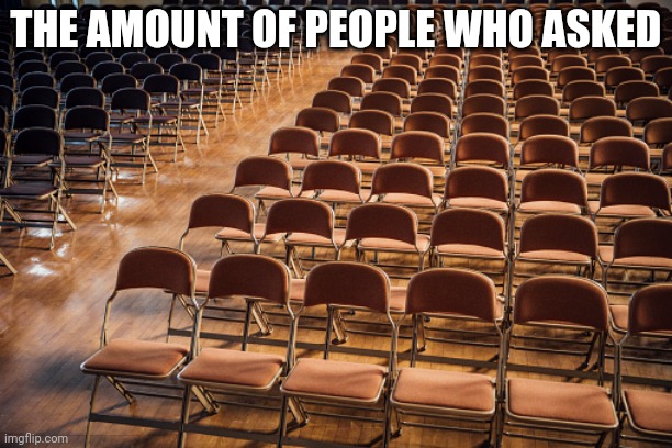 Empty Chairs | THE AMOUNT OF PEOPLE WHO ASKED | image tagged in empty chairs | made w/ Imgflip meme maker