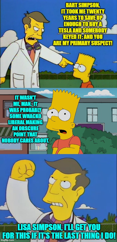 Sorry.  It's 'low hanging fruit' Sunday. | BART SIMPSON, IT TOOK ME TWENTY YEARS TO SAVE UP ENOUGH TO BUY A TESLA AND SOMEBODY KEYED IT; AND YOU ARE MY PRIMARY SUSPECT! IT WASN'T ME, MAN.  IT WAS PROBABLY SOME WHACKO LIBERAL MAKING AN OBSCURE POINT THAT NOBODY CARES ABOUT. LISA SIMPSON, I'LL GET YOU FOR THIS IF IT'S THE LAST THING I DO! | image tagged in yep | made w/ Imgflip meme maker