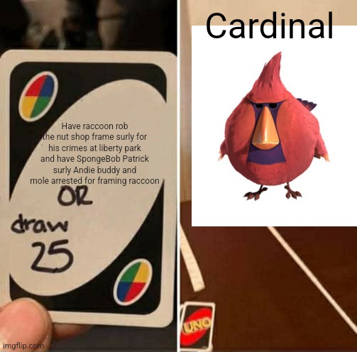 Cardinal Uno card | Cardinal; Have raccoon rob the nut shop frame surly for his crimes at liberty park and have SpongeBob Patrick surly Andie buddy and mole arrested for framing raccoon | image tagged in memes,uno draw 25 cards | made w/ Imgflip meme maker