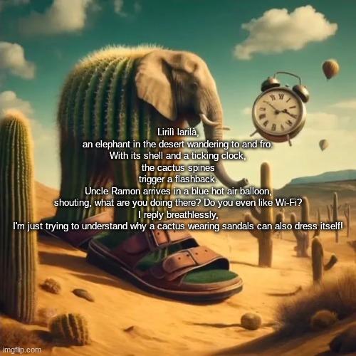 lirili larila | Lirilì larilà,
an elephant in the desert wandering to and fro.
With its shell and a ticking clock,
the cactus spines trigger a flashback.
Uncle Ramon arrives in a blue hot air balloon,
shouting, what are you doing there? Do you even like Wi-Fi?
I reply breathlessly,
I'm just trying to understand why a cactus wearing sandals can also dress itself! | image tagged in lirili larila | made w/ Imgflip meme maker