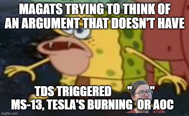 100% real , they can't. RIGHT CAN'T MEME | MAGATS TRYING TO THINK OF AN ARGUMENT THAT DOESN'T HAVE; TDS TRIGGERED       "        "    MS-13, TESLA'S BURNING  OR AOC | image tagged in memes,spongegar,real,meme,tds | made w/ Imgflip meme maker