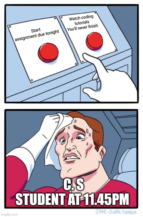 Two Buttons Meme | Watch coding tutorials You'll never finish; Start assignment due tonight; C. S STUDENT AT 11.45PM | image tagged in memes,two buttons | made w/ Imgflip meme maker