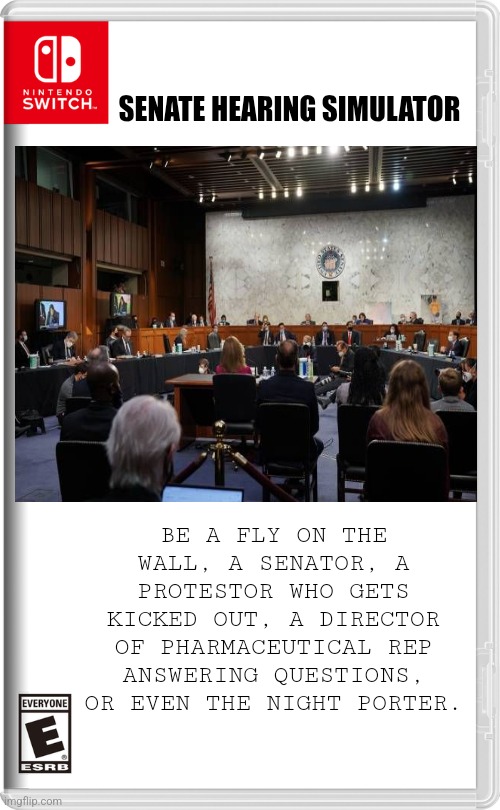 Its, exciting? | SENATE HEARING SIMULATOR; BE A FLY ON THE WALL, A SENATOR, A PROTESTOR WHO GETS KICKED OUT, A DIRECTOR OF PHARMACEUTICAL REP ANSWERING QUESTIONS, OR EVEN THE NIGHT PORTER. | image tagged in nintendo switch | made w/ Imgflip meme maker