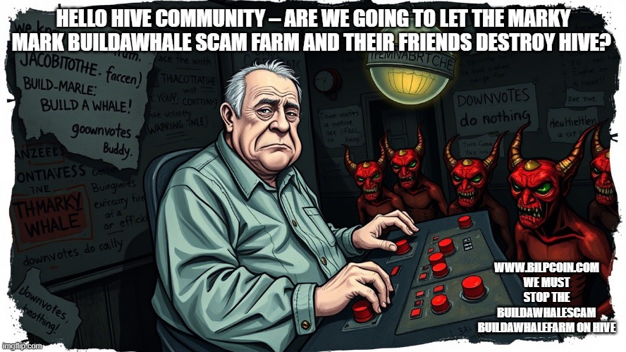 HELLO HIVE COMMUNITY – ARE WE GOING TO LET THE MARKY MARK BUILDAWHALE SCAM FARM AND THEIR FRIENDS DESTROY HIVE? WWW.BILPCOIN.COM WE MUST STOP THE BUILDAWHALESCAM BUILDAWHALEFARM ON HIVE | made w/ Imgflip meme maker