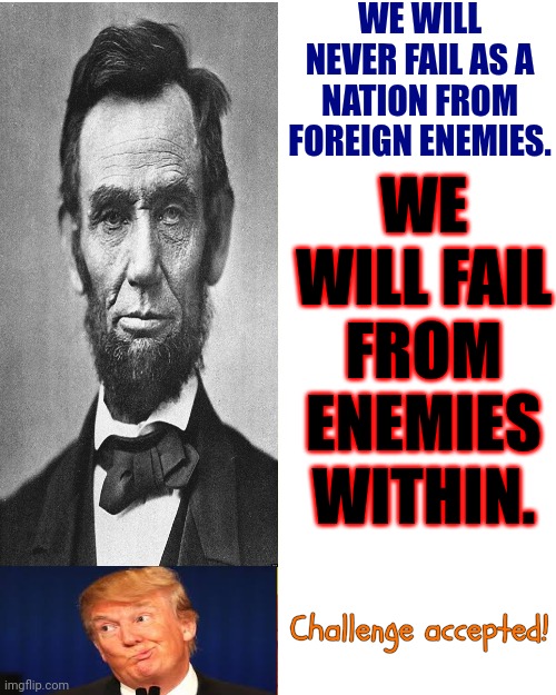 Lincoln Saw Trump And Maga Coming And Warned Us About Them | WE WILL NEVER FAIL AS A NATION FROM FOREIGN ENEMIES. WE WILL FAIL FROM ENEMIES WITHIN. Challenge accepted! | image tagged in memes,drake hotline bling,abraham lincoln,donald trump is a convicted rapist,trump is a convicted terrorist,maga | made w/ Imgflip meme maker