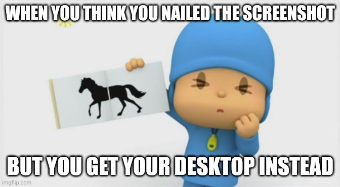 Two screenshot | WHEN YOU THINK YOU NAILED THE SCREENSHOT; BUT YOU GET YOUR DESKTOP INSTEAD | image tagged in pocoyo errors | made w/ Imgflip meme maker