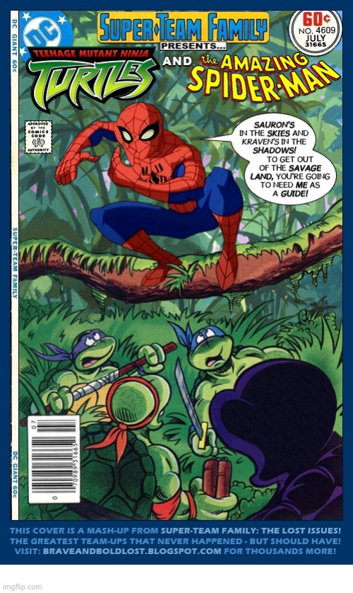 The web-slinger meets the “heroes on the half shell”… | image tagged in comics/cartoons,spiderman,tmnt,mashup,savage land | made w/ Imgflip meme maker