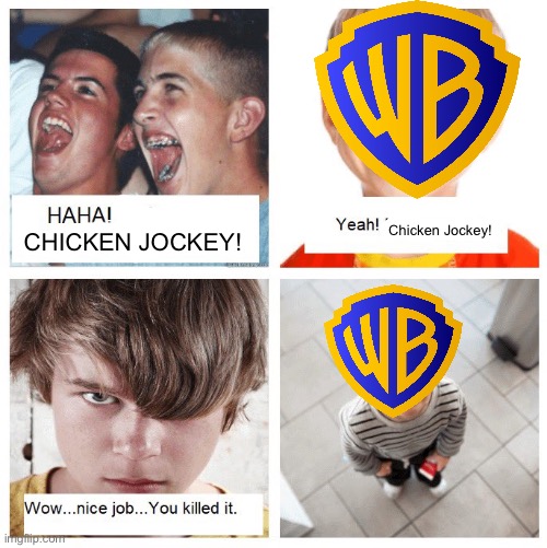 The Minecraft Movie Block Party Edition was a mistake | Chicken Jockey! CHICKEN JOCKEY! | image tagged in haha | made w/ Imgflip meme maker