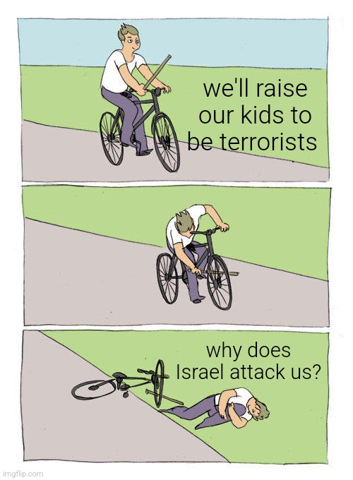 you know what I'm talking about | we'll raise our kids to be terrorists; why does Israel attack us? | image tagged in memes,bike fall,israel,palestine,terrorism | made w/ Imgflip meme maker