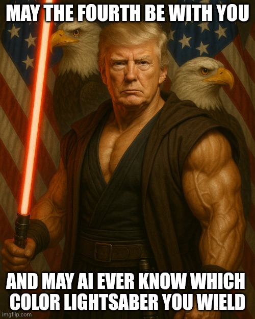 Sith Lord Trump | MAY THE FOURTH BE WITH YOU; AND MAY AI EVER KNOW WHICH 
COLOR LIGHTSABER YOU WIELD | image tagged in sith lord trump | made w/ Imgflip meme maker