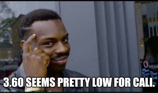 Thinking Black Man | 3.60 SEEMS PRETTY LOW FOR CALI. | image tagged in thinking black man | made w/ Imgflip meme maker