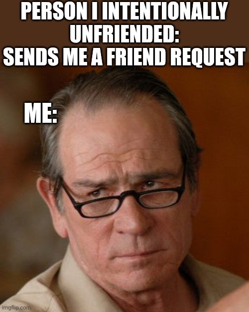 Tommy Lee Jones Are you serious | PERSON I INTENTIONALLY UNFRIENDED: SENDS ME A FRIEND REQUEST; ME: | image tagged in tommy lee jones are you serious | made w/ Imgflip meme maker