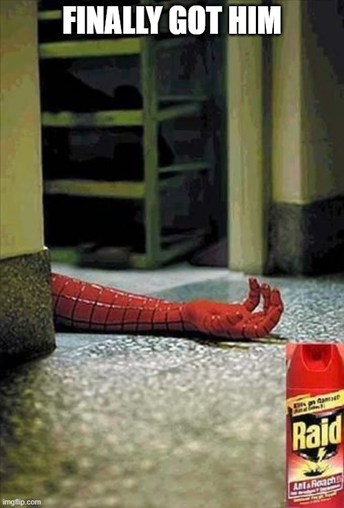 Dead Spider | FINALLY GOT HIM | image tagged in dark humor | made w/ Imgflip meme maker