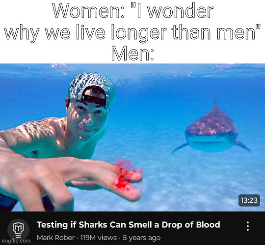 moments before disaster | Women: "I wonder why we live longer than men"
Men: | image tagged in blood,death,shark,men | made w/ Imgflip meme maker