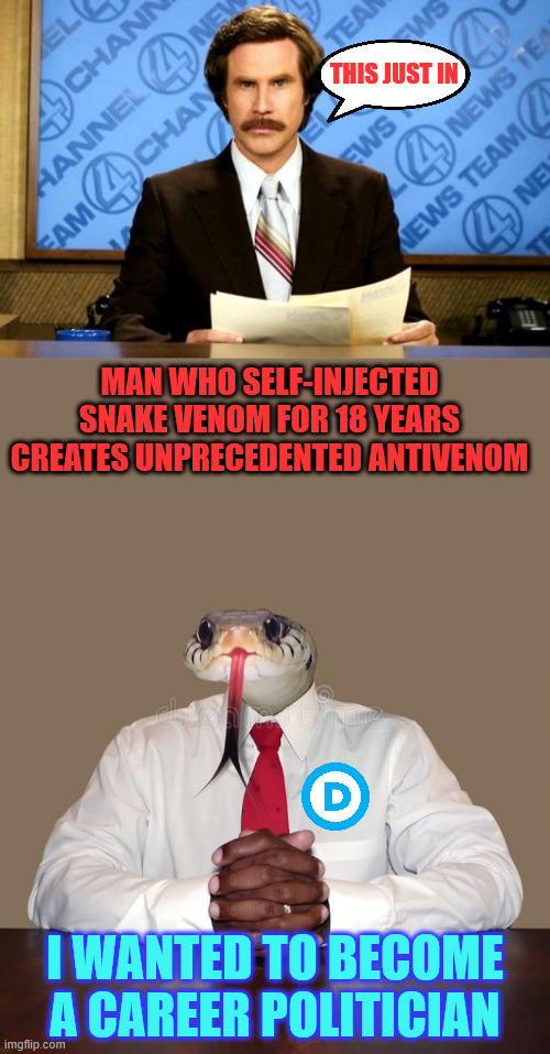 democrats | THIS JUST IN; MAN WHO SELF-INJECTED SNAKE VENOM FOR 18 YEARS CREATES UNPRECEDENTED ANTIVENOM; I WANTED TO BECOME A CAREER POLITICIAN | image tagged in breaking news,snake politican | made w/ Imgflip meme maker