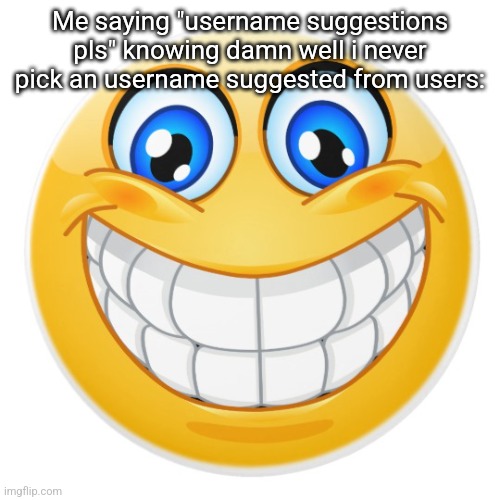 smiley face | Me saying "username suggestions pls" knowing damn well i never pick an username suggested from users: | image tagged in smiley face | made w/ Imgflip meme maker