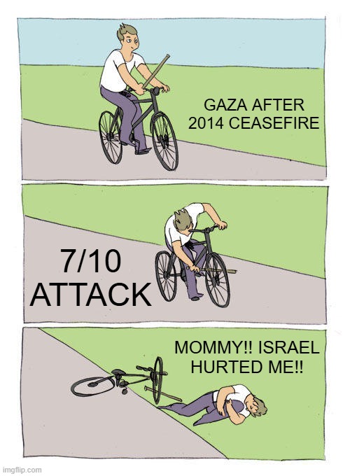 Bike Fall | GAZA AFTER 2014 CEASEFIRE; 7/10 ATTACK; MOMMY!! ISRAEL HURTED ME!! | image tagged in memes,bike fall | made w/ Imgflip meme maker
