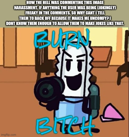 Damn... | HOW THE HELL WAS COMMENTING THIS IMAGE HARASSMENT. IF ANYTHING THE USER WAS BEING (JOKINGLY) FREAKY IN THE COMMENTS. SO WHY CANT I TELL THEM TO BACK OFF BECAUSE IT MAKES ME UNCOMFY? I DONT KNOW THEM ENOUGH TO ALLOW THEM TO MAKE JOKES LIKE THAT. | image tagged in burn bitch | made w/ Imgflip meme maker