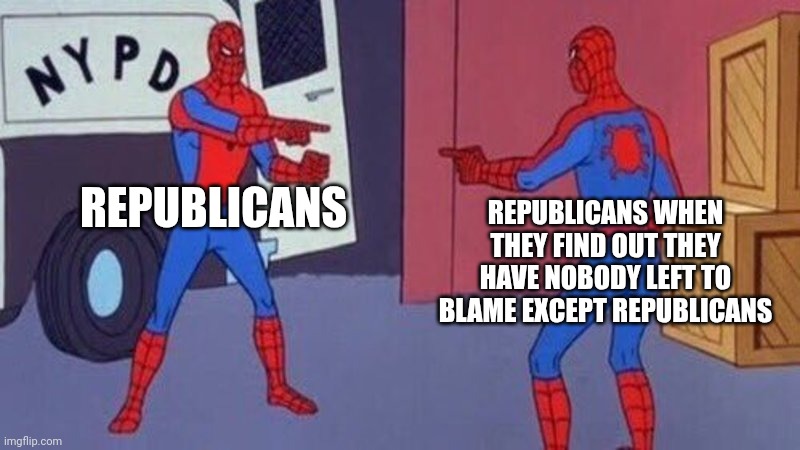 Gonna solve that mystery! | REPUBLICANS; REPUBLICANS WHEN THEY FIND OUT THEY HAVE NOBODY LEFT TO BLAME EXCEPT REPUBLICANS | image tagged in spiderman pointing at spiderman | made w/ Imgflip meme maker