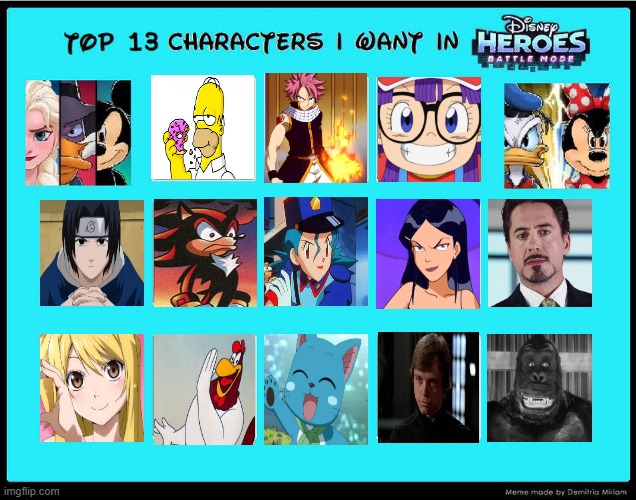 top 13 characters i want in disney heroes battle mode | image tagged in top 13 characters i want in disney heroes battle mode,crossover,fairy tail,anime,walt disney,shadow the hedgehog | made w/ Imgflip meme maker