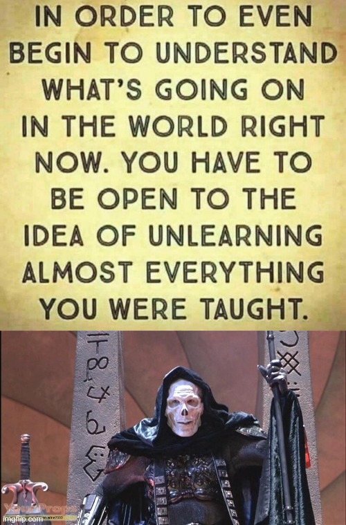 Skeletor says you need deprogramming | image tagged in skeletor runes chair template,brainwashed | made w/ Imgflip meme maker