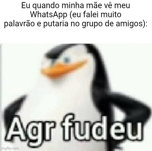 o maior trauma de adolescentes hoje em dia | Eu quando minha mãe vê meu WhatsApp (eu falei muito palavrão e putaria no grupo de amigos): | image tagged in agr fudeu | made w/ Imgflip meme maker