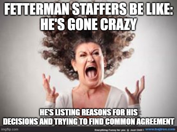 Crazy woman | FETTERMAN STAFFERS BE LIKE:
HE'S GONE CRAZY HE'S LISTING REASONS FOR HIS DECISIONS AND TRYING TO FIND COMMON AGREEMENT | image tagged in crazy woman | made w/ Imgflip meme maker