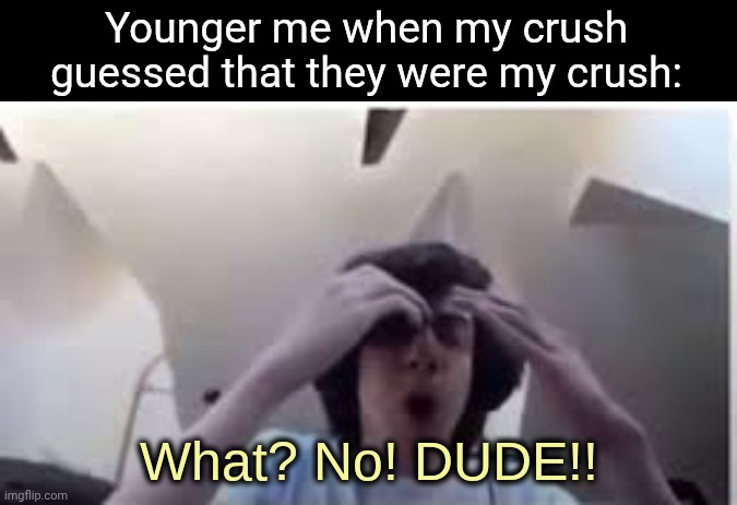 M | Younger me when my crush guessed that they were my crush: | image tagged in what no dude | made w/ Imgflip meme maker
