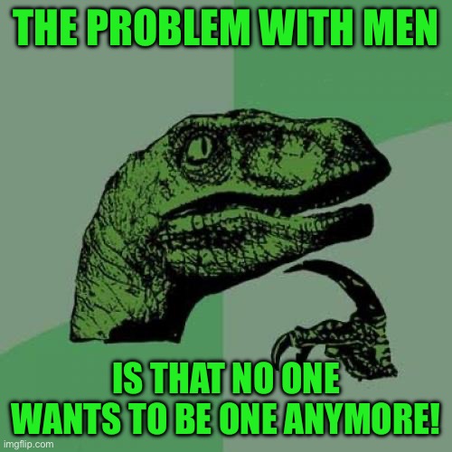 Philosoraptor | THE PROBLEM WITH MEN; IS THAT NO ONE WANTS TO BE ONE ANYMORE! | image tagged in memes,philosoraptor | made w/ Imgflip meme maker