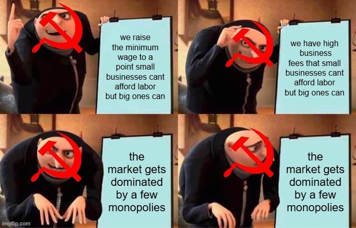 socialiTISM | we raise the minimum wage to a point small businesses cant afford labor but big ones can; we have high  business fees that small businesses cant afford labor but big ones can; the market gets dominated by a few monopolies; the market gets dominated by a few monopolies | image tagged in memes,gru's plan | made w/ Imgflip meme maker