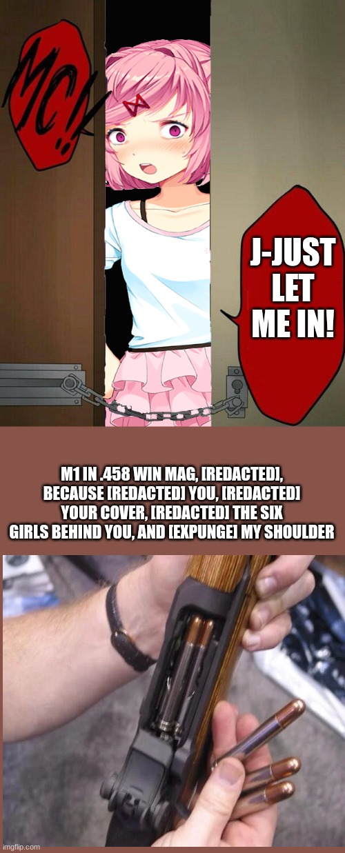 Stand and fight, the city is burning! | J-JUST LET ME IN! M1 IN .458 WIN MAG, [REDACTED], BECAUSE [REDACTED] YOU, [REDACTED] YOUR COVER, [REDACTED] THE SIX GIRLS BEHIND YOU, AND [EXPUNGE] MY SHOULDER | image tagged in yandere natsuki template | made w/ Imgflip meme maker