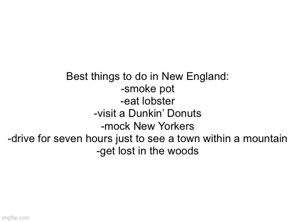 Real authenticity | Best things to do in New England:
-smoke pot
-eat lobster
-visit a Dunkin’ Donuts
-mock New Yorkers
-drive for seven hours just to see a town within a mountain
-get lost in the woods | made w/ Imgflip meme maker