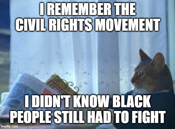 Cat reading the newspaper | I REMEMBER THE CIVIL RIGHTS MOVEMENT; I DIDN'T KNOW BLACK PEOPLE STILL HAD TO FIGHT | image tagged in cat newspaper | made w/ Imgflip meme maker