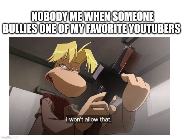 I hate people who bully my favorite YouTubers! | NOBODY ME WHEN SOMEONE BULLIES ONE OF MY FAVORITE YOUTUBERS | image tagged in memes | made w/ Imgflip meme maker