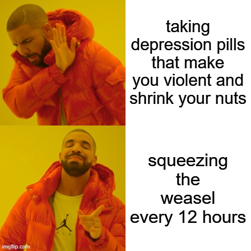 taking depression pills that make you violent and shrink your nuts squeezing the weasel every 12 hours | image tagged in memes,drake hotline bling | made w/ Imgflip meme maker