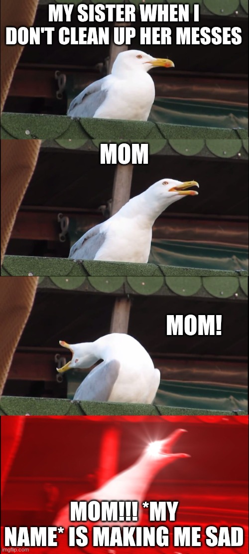Inhaling Seagull | MY SISTER WHEN I DON'T CLEAN UP HER MESSES; MOM; MOM! MOM!!! *MY NAME* IS MAKING ME SAD | image tagged in memes,inhaling seagull | made w/ Imgflip meme maker
