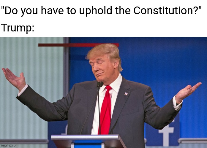 I have a brilliant team of lawyers working on it | "Do you have to uphold the Constitution?"; Trump: | image tagged in trump shrugging shoulders | made w/ Imgflip meme maker