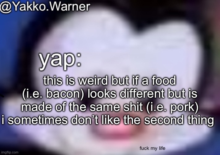 yappo i mean yakko.warner template | this is weird but if a food (i.e. bacon) looks different but is made of the same shit (i.e. pork) i sometimes don’t like the second thing | image tagged in yappo i mean yakko warner template | made w/ Imgflip meme maker